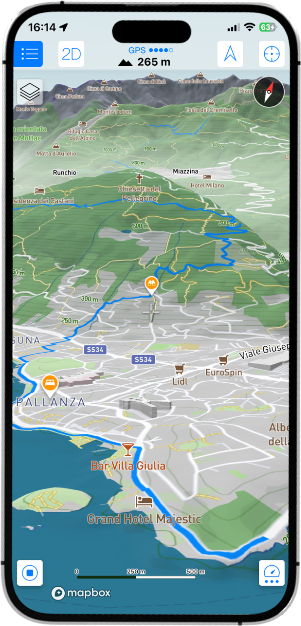 Maps 3D showing a 3D terrain map with a planned route